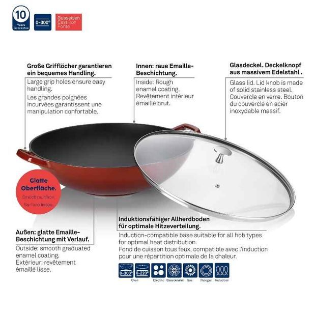 KELA Wok litinový s poklicí CALIDO 36 cm červená KL-11947