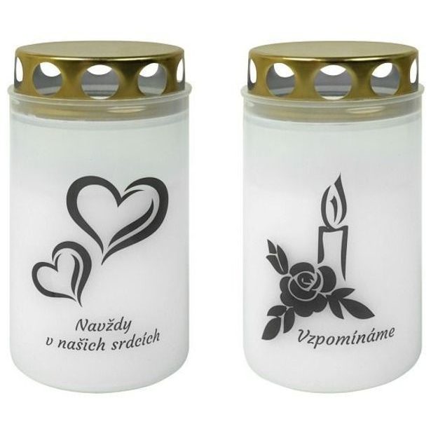 svíčka hřbit.140g, Vzpomínáme, Navždy..., bílá, kov. víčko
