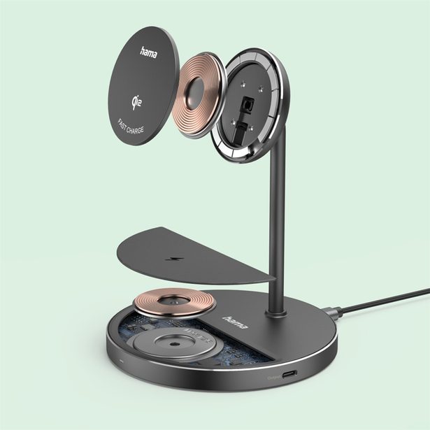 Hama bezdrátová nabíječka s držákem 2v1, Qi2 15 W, USB-C adaptér 45 W