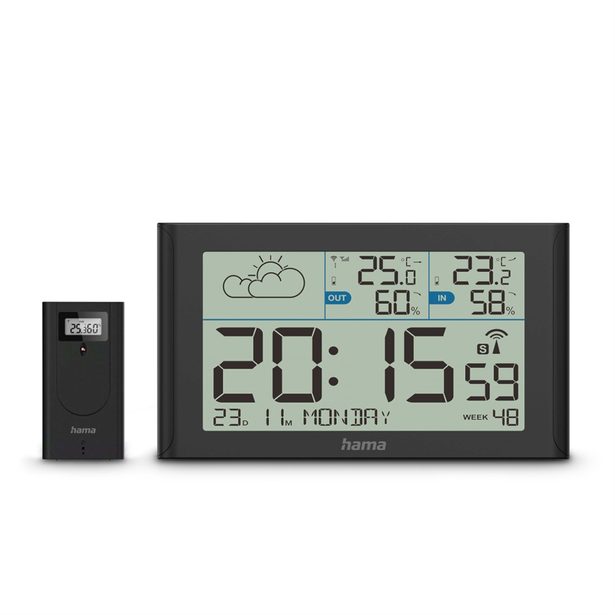 Hama Sylt, meteostanice, bezdrátový senzor, DCF hodiny, teplota, vlhkost, počasí, baterie, černá