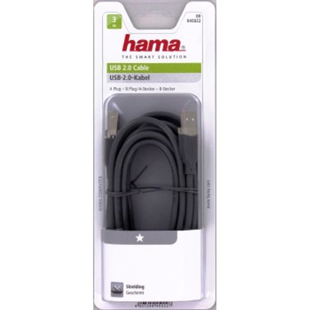 Hama USB kabel typ A-B, 3m, šedý, blistr