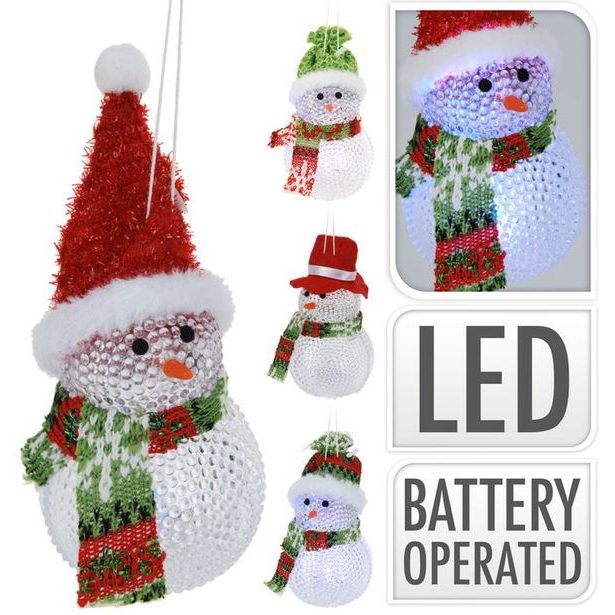 závěs SNĚHULÁK d6x10cm,4druhy, vč.bat., LED, dek.