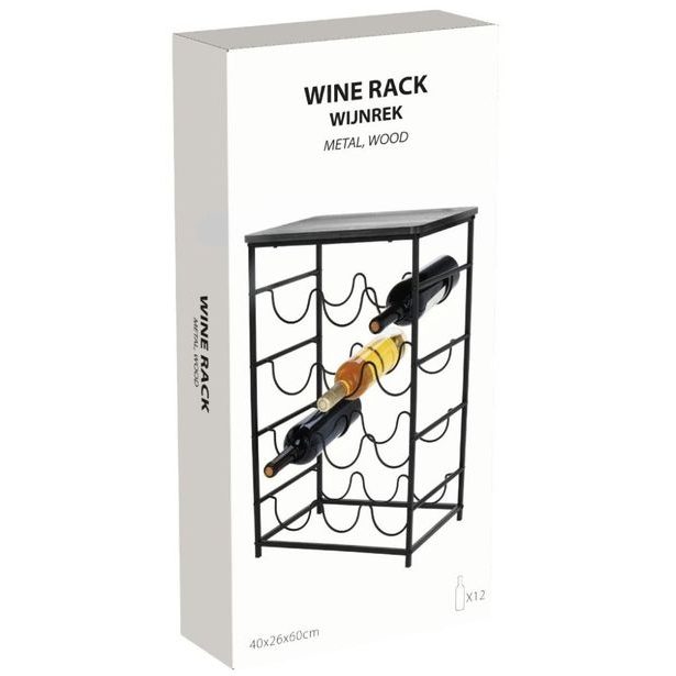 EXCELLENT HOUSEWARE Kovový stojan na víno a akátový odkládací stolek 12 lahví černá KO-HZ1240380cern