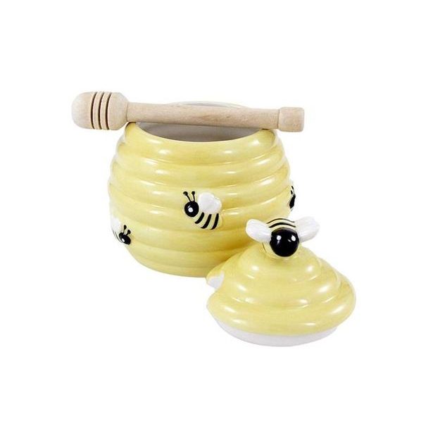 dóza 350ml, med keramika+naběračka medu dřevo