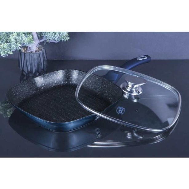 BERLINGERHAUS Grilovací pánev s mramorovým povrchem a poklicí 28 cm Aquamarine Metallic Line BH-7028
