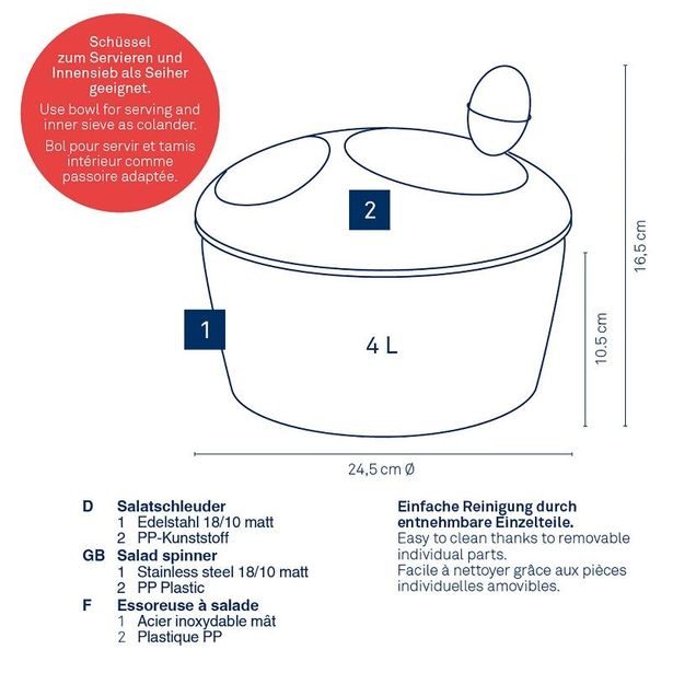 KELA Odstředivka na salát Romy nerez 18/10 stříbrná matná 12,0cm 24,5cm 4,0l KL-12149