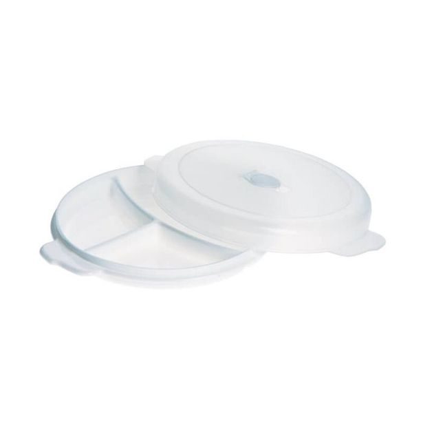 talíř d23,5cm dělený s víkem, v.5,1cm, vh. do MV trouby, plast