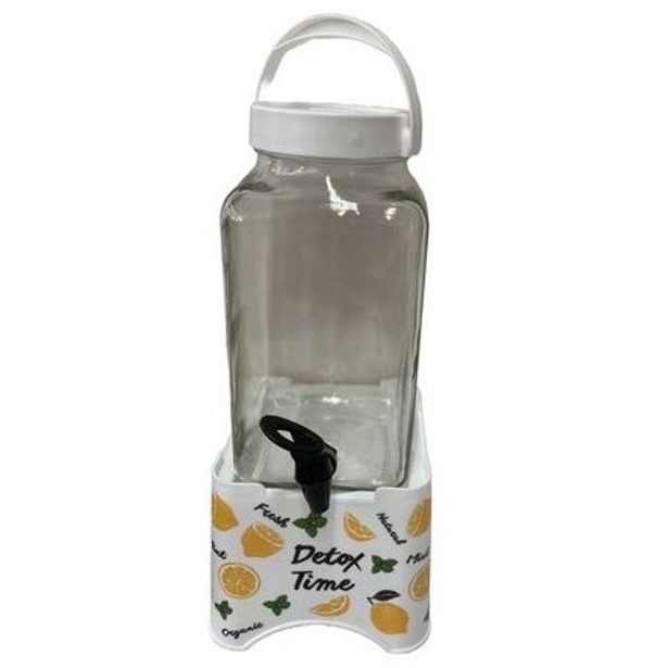 láhev 5,0l sklo s kohoutem, plast.stojan s nápisy DETOX TIME