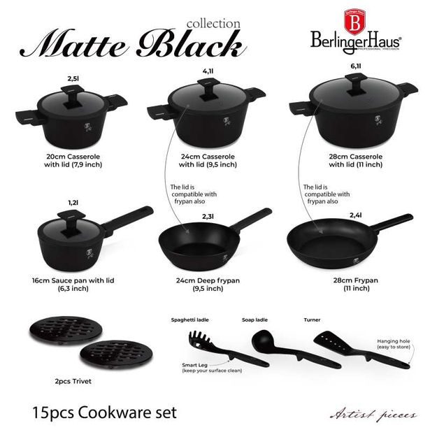 BERLINGERHAUS Sada nádobí s titanovým povrchem 15 ks Matte Black Collection BH-8198