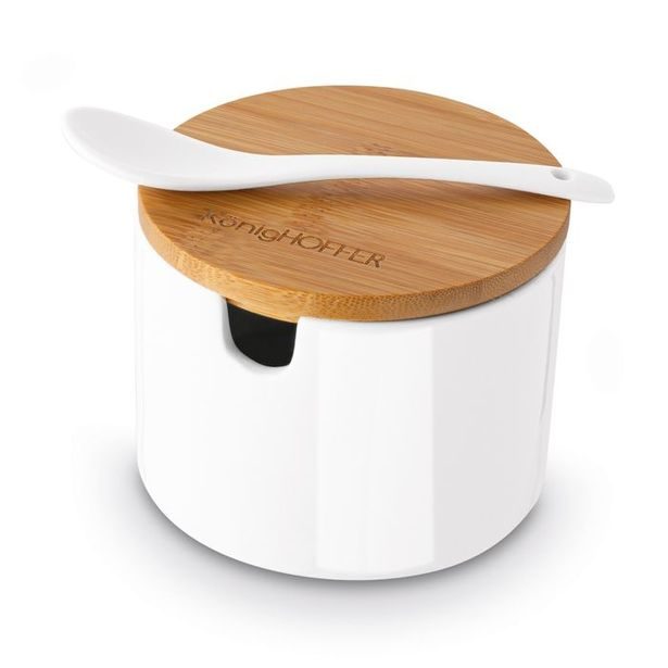 cukřenka d10x7cm+lžička, porcelán, bamb.víčko, bílá