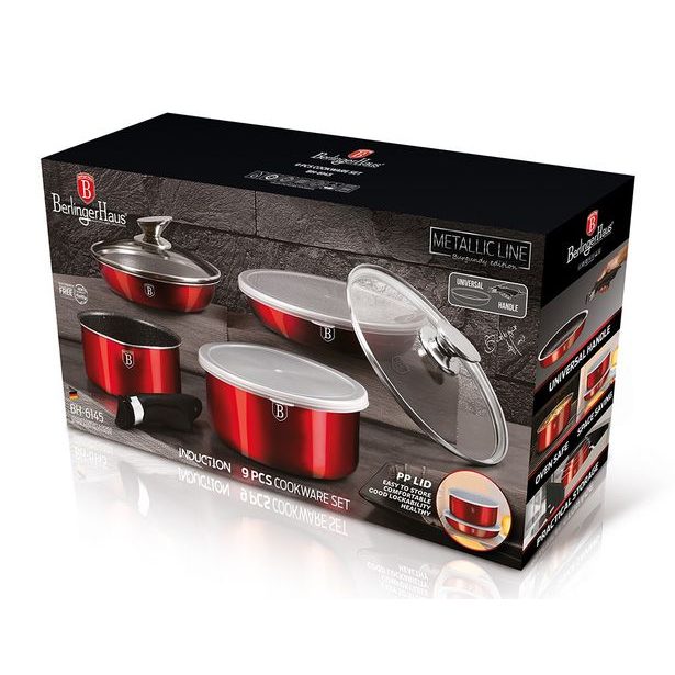 BERLINGERHAUS Sada nádobí s odnímatelnou rukojetí 9 ks Burgundy Metallic Line BH-6145
