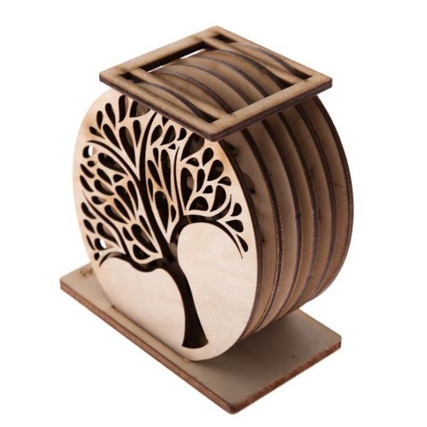 podtácek d cm, 6ks, stojan, dekor STROM, dřevo