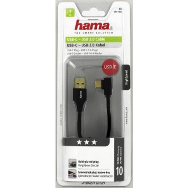 USB-C 2.0 Cable, 90Â° Angled Plug, gold-plated, twist-resistant, 1.00 m