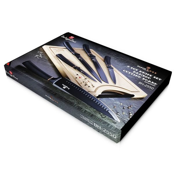 BERLINGERHAUS Sada nožů s nepřilnavým povrchem + prkénko 6 ks Black Rose Collection BH-2550