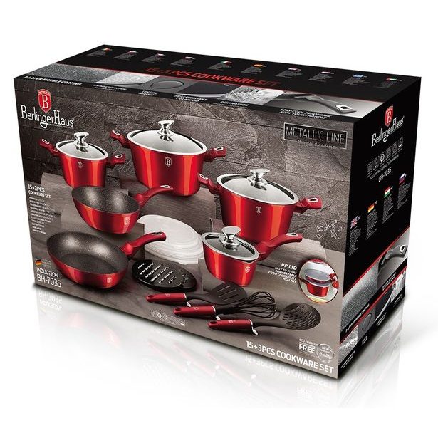 BERLINGERHAUS Sada nádobí s mramorovým povrchem 18 ks Burgundy Metallic Line BH-7035