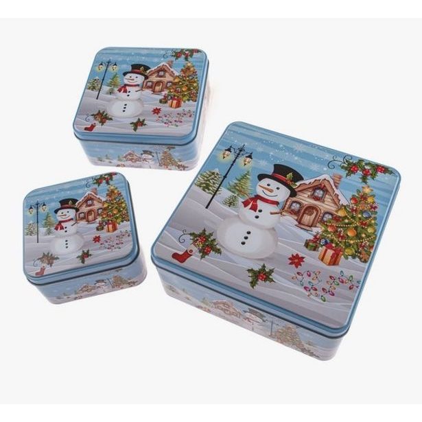 dóza plech. 3ks sada čtverc. SNĚHULÁK MODRÁ, 20x20x8cm