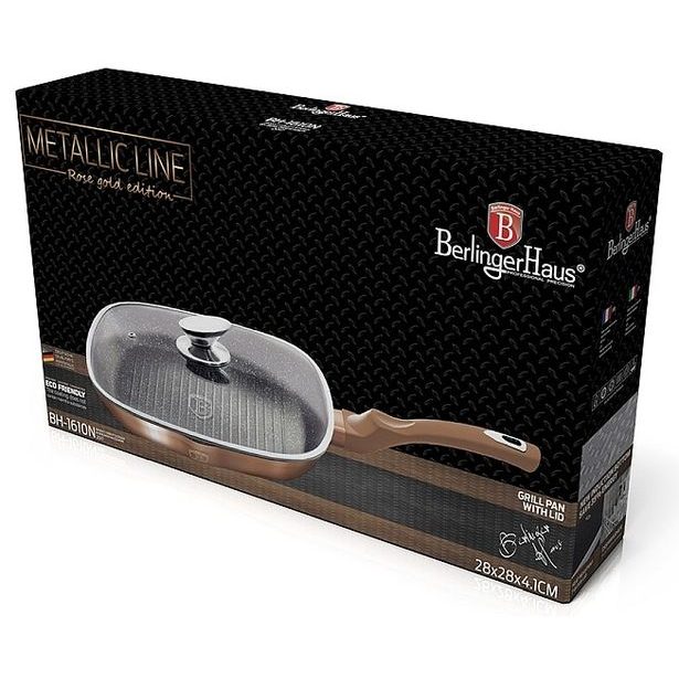 BERLINGERHAUS Pánev grilovací s mramorovým povrchem a poklicí 28 cm Rosegold Metallic Line BH-1610