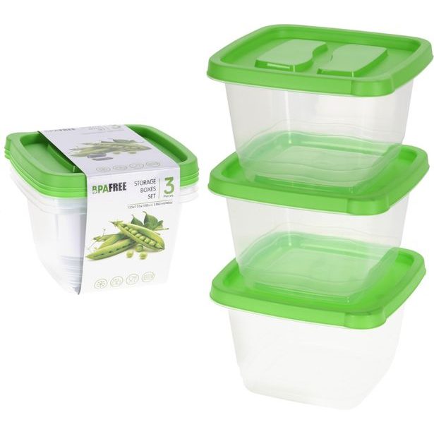 box-sada 3ks, 1360ml, čtver., zelený+transp. plast