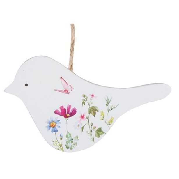 dekorace PTÁČEK bílý 13cm s květinami, závěs