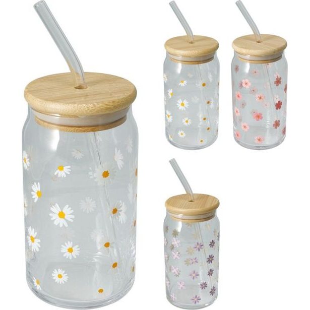 sklen. 500ml, 1ks, KYTIČKY, 3dekory, brčko, uz.bambus, sklo