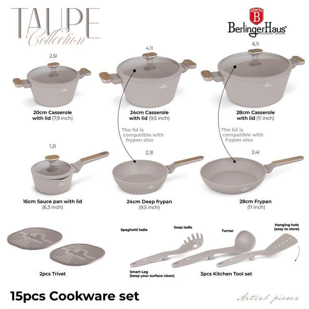 BERLINGERHAUS Sada nádobí s titanovým povrchem 15 ks Taupe Nordic Collection BH-8344