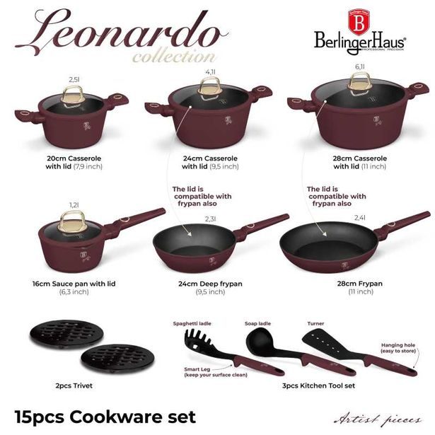 BERLINGERHAUS Sada nádobí s titanovým povrchem 15 ks Leonardo Collection BH-8051