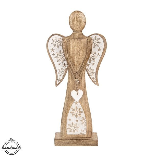 Anděl dřevo MANGO bílé srdce+vločky