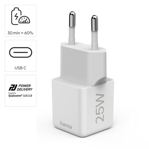 Hama rychlá USB nabíječka, USB-C PD/QC 25 W, super-mini