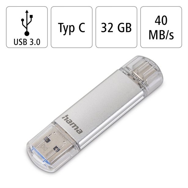 Hama Flash Pen Laeta, USB-C/USB-A 3.1, 32 GB, 40 MB/s, stříbrný