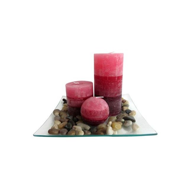 TORO Dárkový set 3 svíčky s vůní skořice na skleněném podnosu s kameny._hamashop