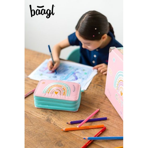 BAAGL Školní penál třípatrový Duha růžový