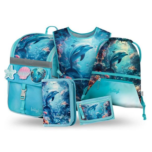 BAAGL SET 5 Zippy Delfín: aktovka, penál, sáček, zástěra, peněženka