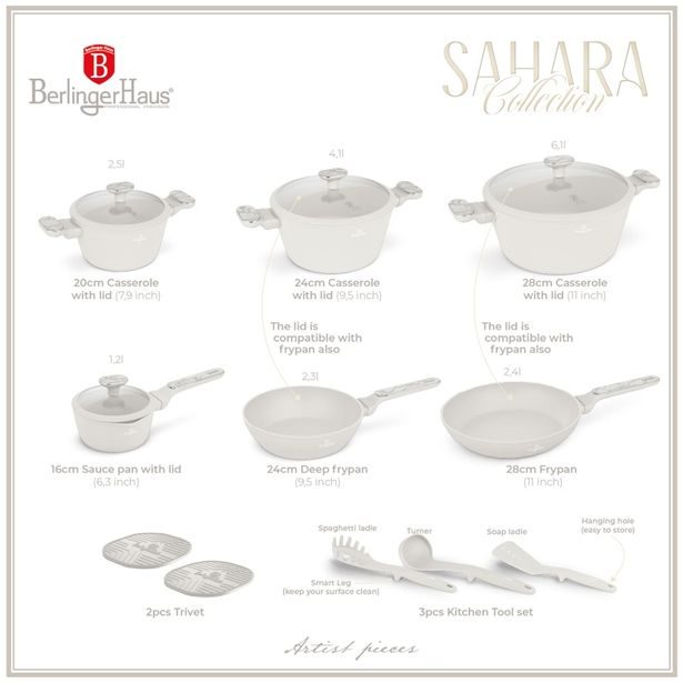 BERLINGERHAUS Sada nádobí s titanovým povrchem 15 ks Sahara Marble Collection BH-8401