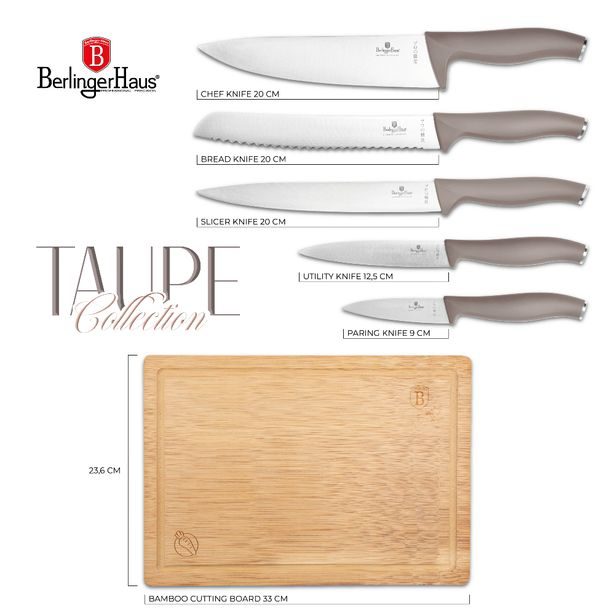 BERLINGERHAUS Sada nožů s prkénkem 6 ks Taupe Collection BH-2967