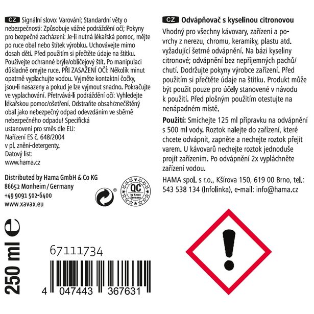 Xavax přípravek pro rychlé odvápnění, 250 ml