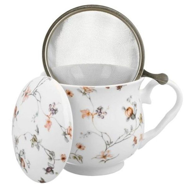 hrnek 430ml baňatý SAFA kytičky+víčko+sítko NR, porcelán, DB