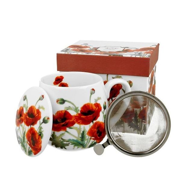 hrnek 430ml baňatý VLČÍ MÁKY+víčko+sítko NR, porcelán, DB