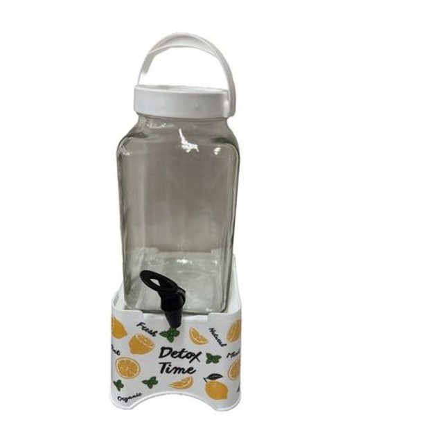 láhev 3,0l sklo s kohoutem, bílý plast.stojan DETOX TIME