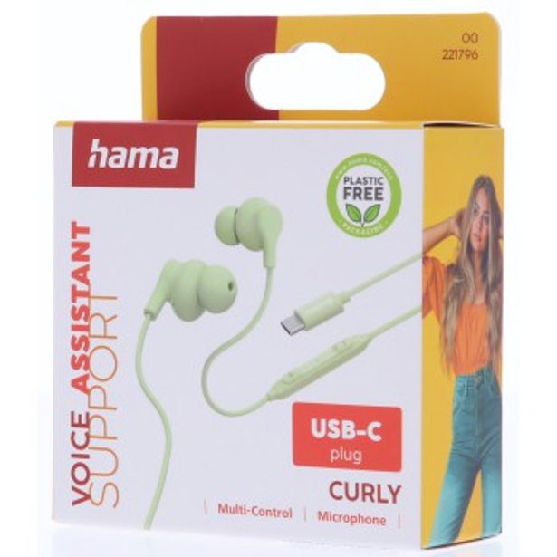 Hama USB-C sluchátka s mikrofonem Curly, špunty, zelená