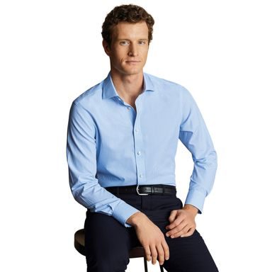 Charles Tyrwhitt Spread Collar Non-Iron Bengal Stripe Shirt — Sky Blue