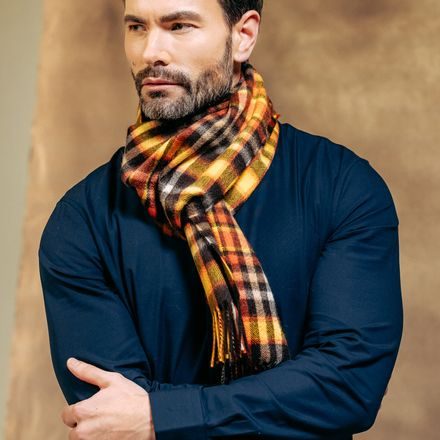 Joshua Ellis Classic Plaid Ripple Cashmere Scarf — Brown x Orange x Yellow