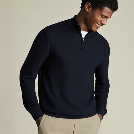 Charles Tyrwhitt Honeycomb Cotton Zip Neck Jumper — Navy