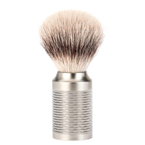 Średni pędzel do golenia Mühle ROCCA z włosia syntetycznego (Silvertip Fibre®, stal nierdzewna)