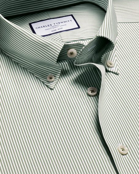Charles Tyrwhitt Non-Iron Stretch Pinpoint Oxford Button-Down Shirt — Olive Stripe
