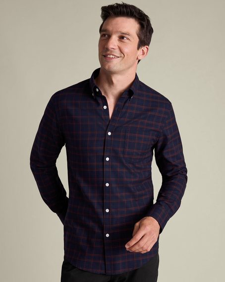 Charles Tyrwhitt Non-Iron Twill Check Shirt — Navy Blue / Rust