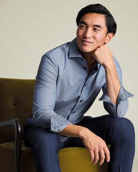 Charles Tyrwhitt Non-Iron Stretch Floral Printed Trim Shirt — Steel Blue