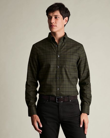 Charles Tyrwhitt Non-Iron Twill Check Shirt — Olive Green / Navy