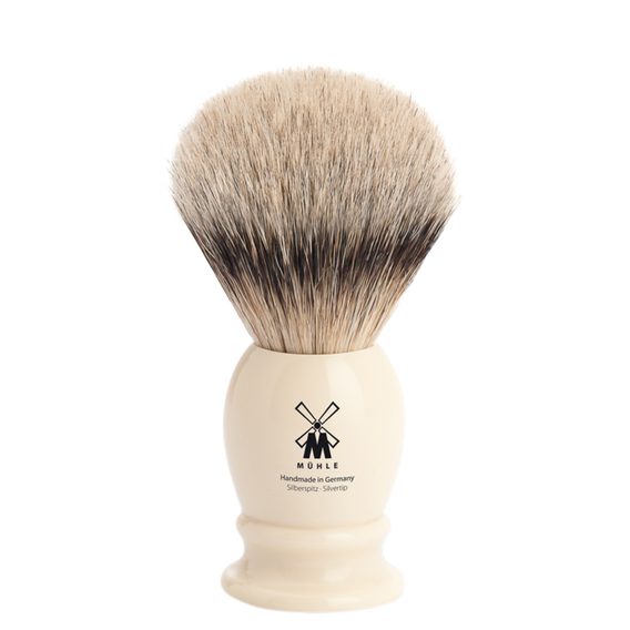 Średni pędzel do golenia Mühle Classic z borsuczego włosia (silvertip badger, imitacja kości słoniowej)