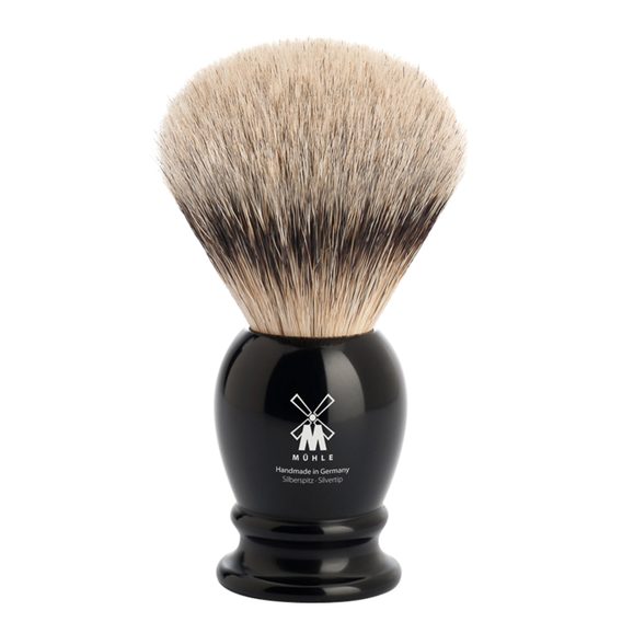 Duży pędzel do golenia Mühle Classic z włosia borsuczego (silvertip badger, czarna żywica)