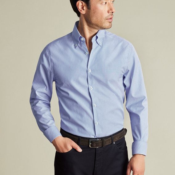 Charles Tyrwhitt Button-Down Non-Iron Stretch Oxford Stripe Shirt — Cobalt Blue
